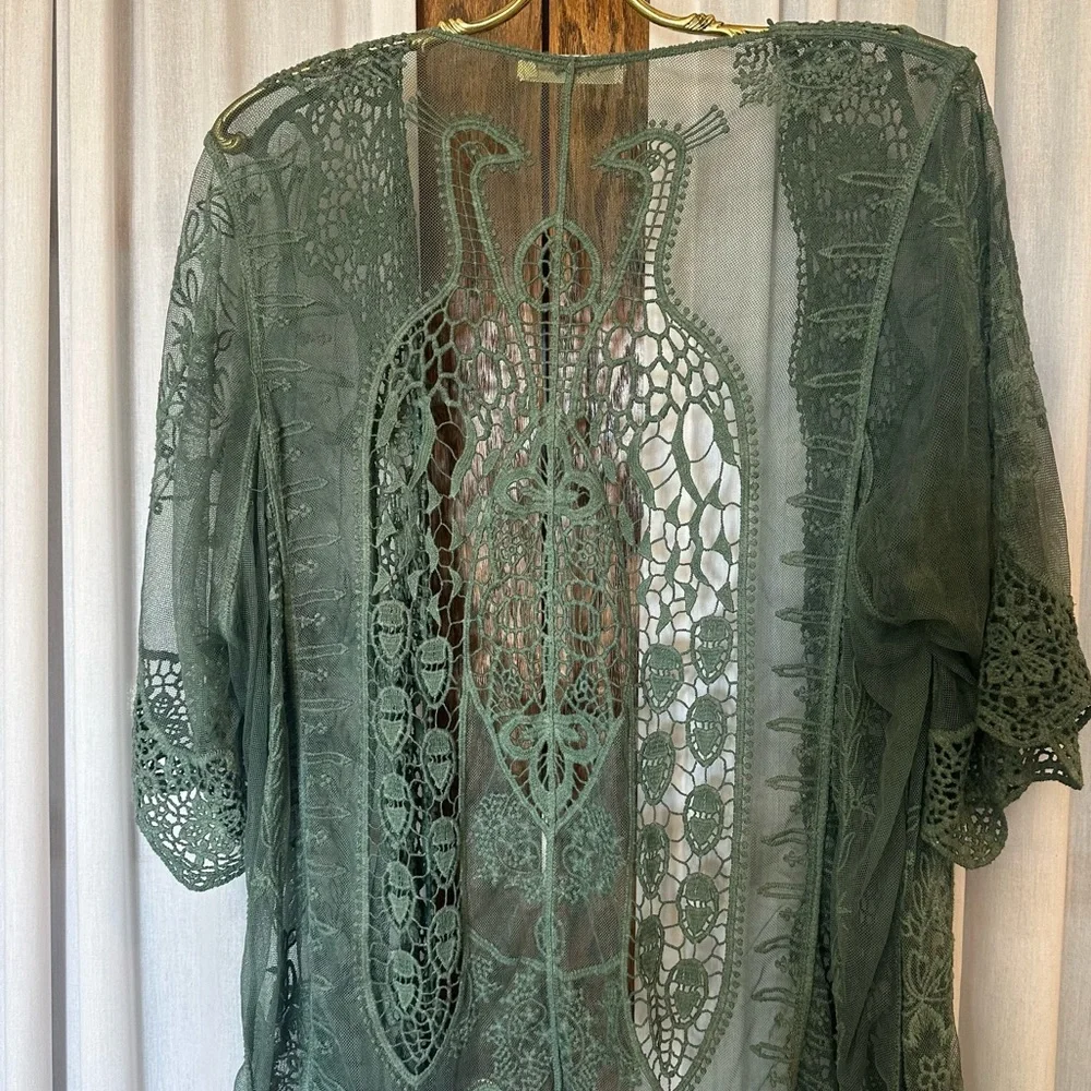 Simply Couture Sage Green Tab Sleeve Knit Lace Peacock Open Cardigan - Picture 6 of 10